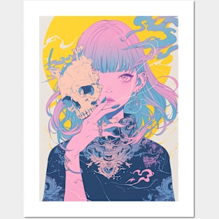 Beautiful anime girl holding a skull Posters and Art